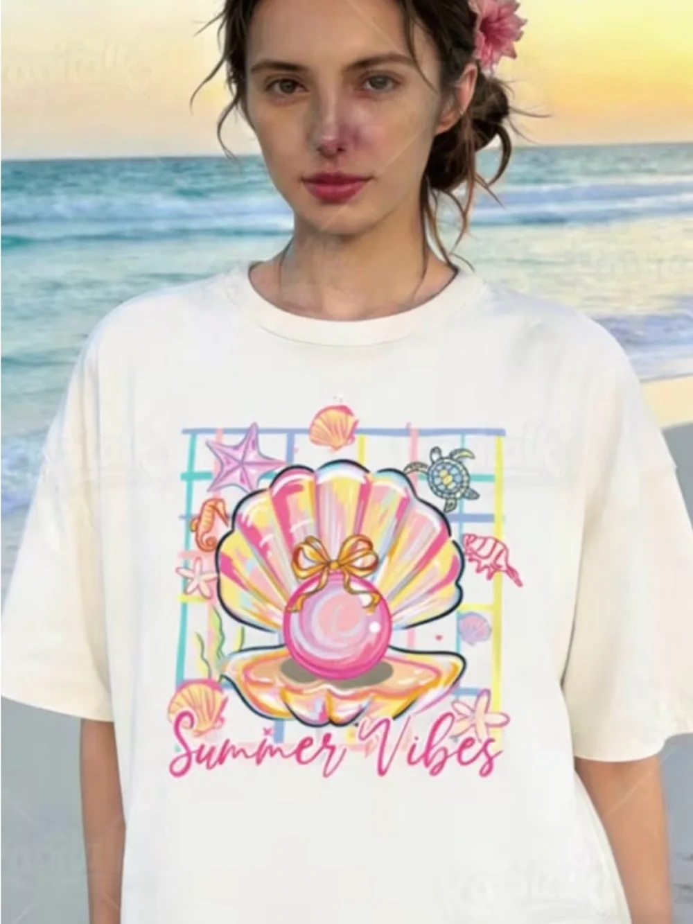 Comfort Colors White Tee with Pastel Seashell & Pink Pearl Graphic - Picture 2 of 4